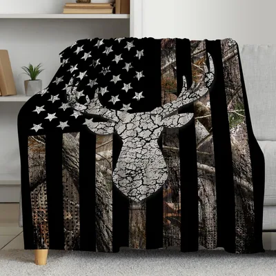 Deer Head American Flag Camo Blanket for Hunting Lovers