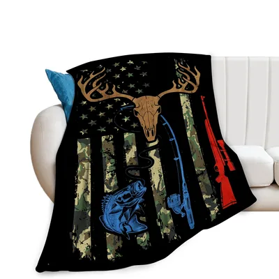 Hunting Fishing Camo Flag Blanket: Deer Skull and Bass Design