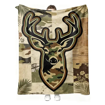 Camo Buck Deer Head Blanket: Rustic Camo and Antler Art for Hunters
