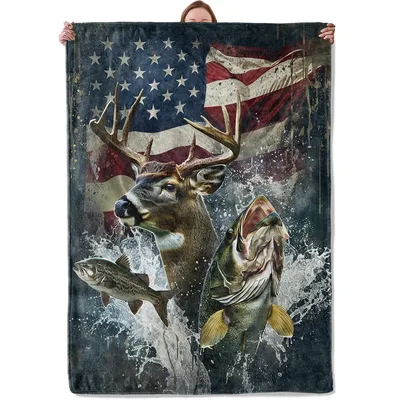 Deer Fish American Flag Blanket: Hunting and Fishing Art Design