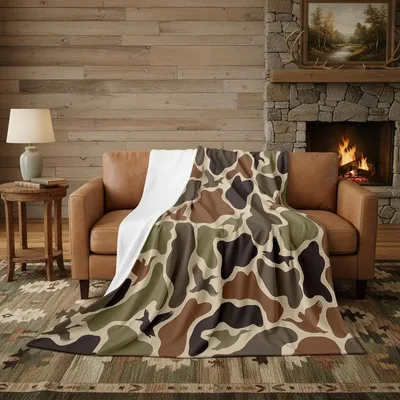 Duck Hunting Camo Blanket features woodland camouflage