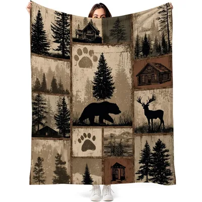 Rustic Forest Bear Paw Blanket: Cabin Wildlife Patchwork Design
