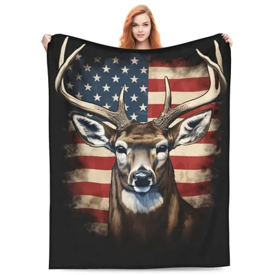 Weathered Buck Portrait Blanket: American Flag Deer Art