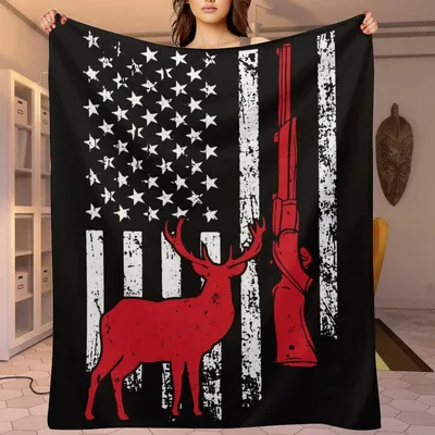 Deer Hunting American Flag Blanket for Outdoor Enthusiasts
