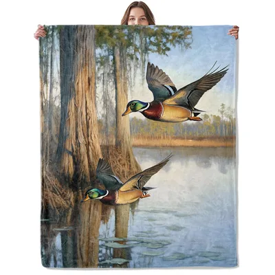 Wood Ducks Lake Blanket: Realistic Flying Ducks Over Cypress Swamp