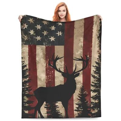 Deer Silhouette Over Vintage Blanket: American Flag Hunting Design