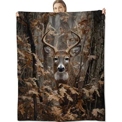 Realistic Buck in Woodland Blanket: Deer Hunting Camo Throw
