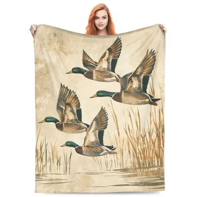 Flying Mallard Ducks Over Reeds Blanket for Nature Lovers