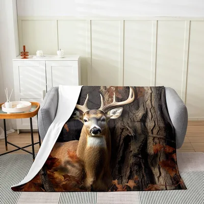 Deer Buck Autumn Blanket: Realistic Deer and Tree Bark Design