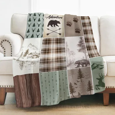 Rustic Cabin Patchwork Pattern Blanket: Wild Animal Lodge Design