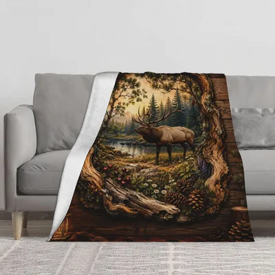 Elk in Forest Cabin Blanket: Rustic Wildlife Scene with Elk and Pine