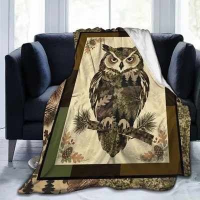 Owl Perched on Branch Blanket: Camo Owl Art for Hunters