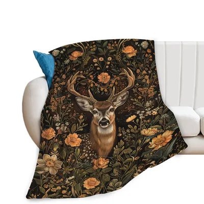 Vintage Forest Deer Pattern Blanket: Sika Deer Floral Art