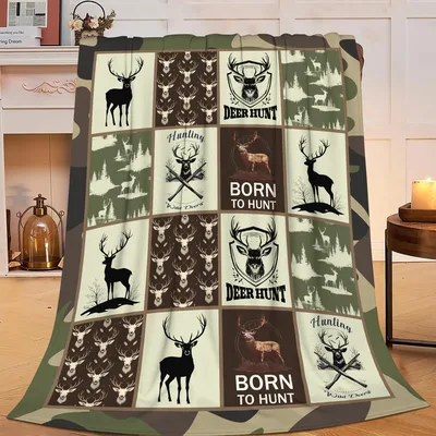Born to Hunt Deer Blanket with Camo and Buck Silhouettes