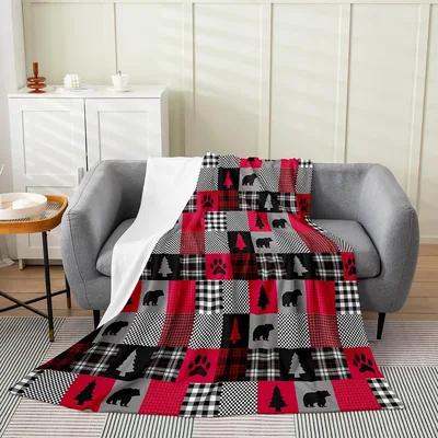 Bear Silhouette Plaid Pattern Blanket featuring a patchwork of bears