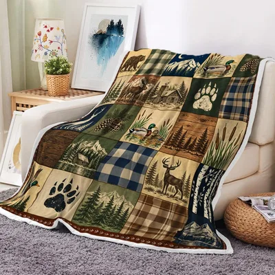 Rustic Cabin Bear Deer Blanket: Patchwork Lodge Design