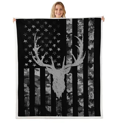 American Flag Deer Antlers Silhouette Blanket: Camo and Stars Design