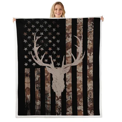 American Flag Deer Antlers Camo Blanket: Rustic Hunting Design