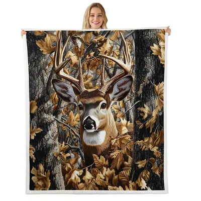 Deer Head Camo Forest Blanket: Realistic Buck in Autumn Leaves