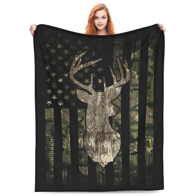 Deer Antlers Camo American Blanket: Rustic Hunting Flag Design