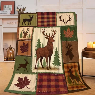 Cabin Deer Plaid Patchwork Blanket features a central stag