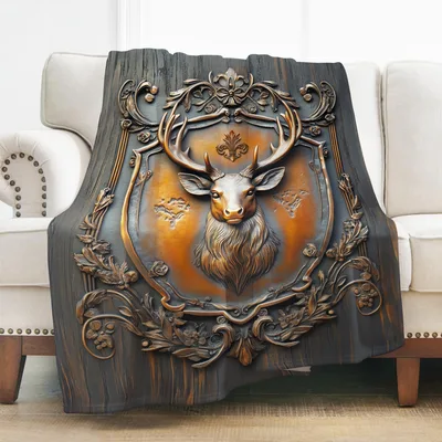 Ornate Carved Deer Head Blanket: A Woodland Crest for Hunters