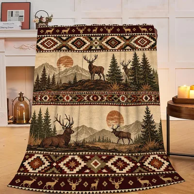 Deer and Pines Southwest Blanket featuring elk pine forests