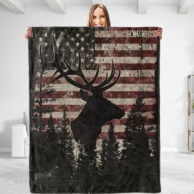 Patriotic Deer Silhouette Flag Blanket: Rustic American Hunting Design