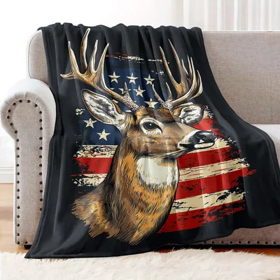 American Flag Deer Portrait Blanket: Patriotic Buck Design