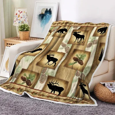 Rustic Bear and Moose Wood Blanket: Cabin Wildlife Patchwork Design