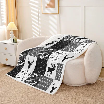 Black White Deer Camo Blanket: Patchwork Wildlife Design for Hunters
