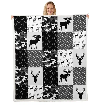 Black White Deer Camo Patchwork Blanket with Antler and Arrow Motifs