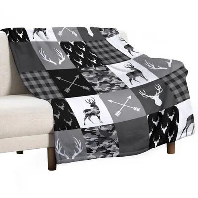 Gray Deer Antler Patchwork Blanket: Rustic Camo and Arrow Design