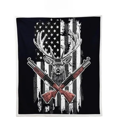 Deer Head Crossed Rifles Blanket: Hunting Theme with American Flag