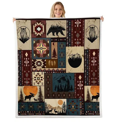 Bohemian Bear Deer Patchwork Blanket for Rustic Cabin Lovers
