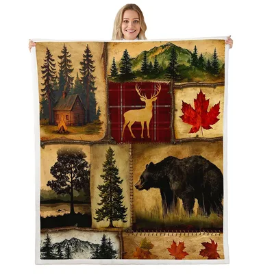 Rustic Lodge Bear Deer Patchwork Blanket for Cabin Lovers