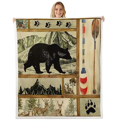 Bear Deer Lake House Blanket: Rustic Patchwork with Bear and Paddle