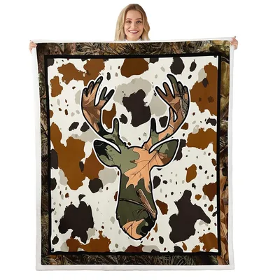 Deer Cow Print Pattern Blanket: Camo Deer Head on Cow Spots