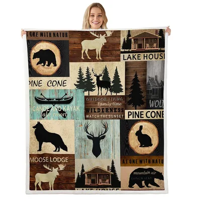 Woodland Animals Patchwork Blanket: Rustic Cabin and Wildlife Design