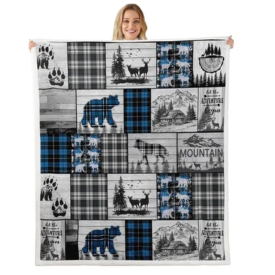 Wildlife Lodge Bear Moose Blanket: Patchwork Cabin Design