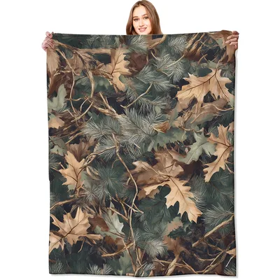 Woodland Camo Leaves Blanket featuring realistic oak leaves