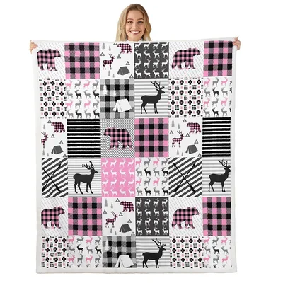 Pink Plaid Bear Blanket: Patchwork Design with Deer and Camping Motifs