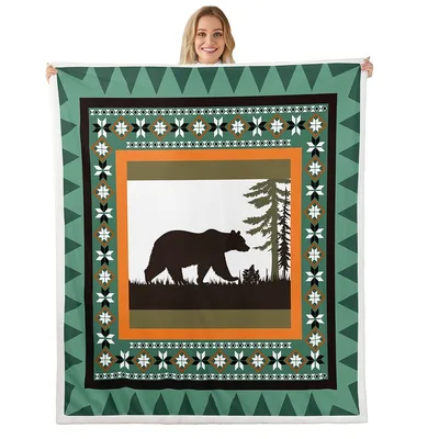 Bear and Pine Forest Scene Blanket: Rustic Bear Silhouette Throw