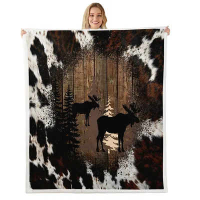 Moose and Deer Cowhide Blanket: Rustic Forest Silhouette Design