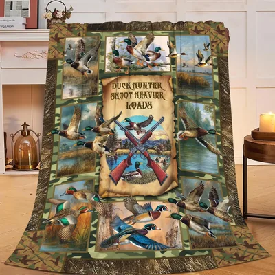 Duck Hunter Shoot Never Blanket with Crossed Rifles and Mallard Art