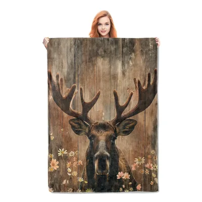 Moose Head on Wood Blanket: Rustic Wildlife Art with Floral Accents