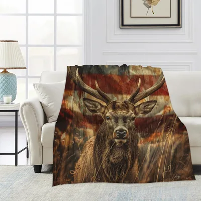 Vintage Deer American Flag Blanket: Rustic Stag with Worn Stripes
