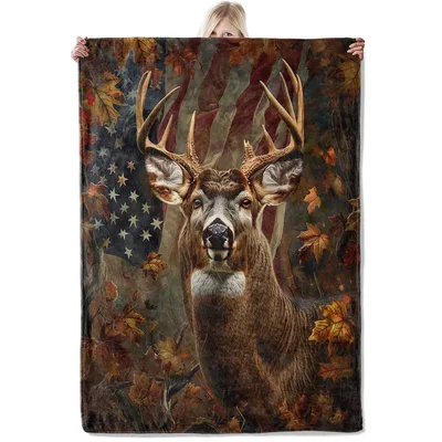 Buck in Autumn Forest Blanket: Patriotic Deer Design with Fall Leaves