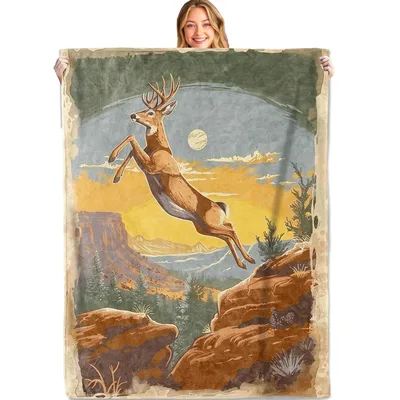 Leaping Buck at Sunset Blanket: Retro Whitetail Deer Canyon Art