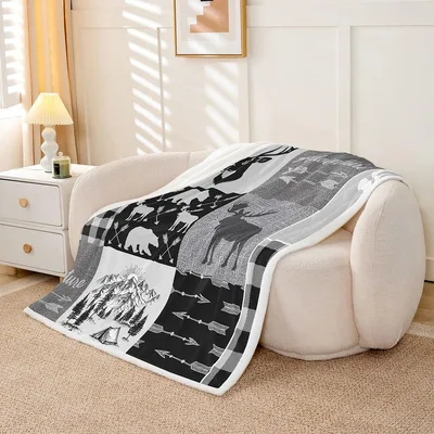Deer Hunting Forest Scene Blanket: Rustic Wildlife Patchwork Design